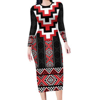 Red Taniko Aotearoa Family Matching Long Sleeve Bodycon Dress and Hawaiian Shirt Niho Taniwha Mix Poutama LT14 Mom's Dress Red - Polynesian Pride