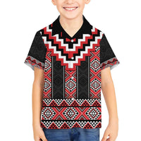 Red Taniko Aotearoa Family Matching Long Sleeve Bodycon Dress and Hawaiian Shirt Niho Taniwha Mix Poutama LT14 Son's Shirt Red - Polynesian Pride