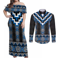 Blue Taniko Aotearoa Couples Matching Off Shoulder Maxi Dress and Long Sleeve Button Shirt Niho Taniwha Mix Poutama LT14