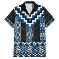 Blue Taniko Aotearoa Family Matching Off Shoulder Maxi Dress and Hawaiian Shirt Niho Taniwha Mix Poutama LT14 Dad's Shirt - Short Sleeve Blue - Polynesian Pride