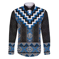 Blue Taniko Aotearoa Family Matching Off Shoulder Maxi Dress and Hawaiian Shirt Niho Taniwha Mix Poutama LT14 Dad's Shirt - Long Sleeve Blue - Polynesian Pride