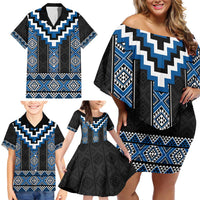 Blue Taniko Aotearoa Family Matching Off Shoulder Short Dress and Hawaiian Shirt Niho Taniwha Mix Poutama LT14 - Polynesian Pride