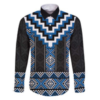 Blue Taniko Aotearoa Family Matching Puletasi and Hawaiian Shirt Niho Taniwha Mix Poutama LT14 Dad's Shirt - Long Sleeve Blue - Polynesian Pride