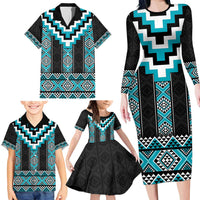Turquoise Taniko Pattern Aotearoa Family Matching Long Sleeve Bodycon Dress and Hawaiian Shirt Niho Taniwha Mix Poutama LT14 - Polynesian Pride