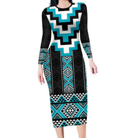 Turquoise Taniko Pattern Aotearoa Family Matching Long Sleeve Bodycon Dress and Hawaiian Shirt Niho Taniwha Mix Poutama LT14 Mom's Dress Turquoise - Polynesian Pride