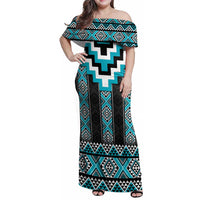 Turquoise Taniko Pattern Aotearoa Family Matching Off Shoulder Maxi Dress and Hawaiian Shirt Niho Taniwha Mix Poutama LT14 Mom's Dress Turquoise - Polynesian Pride