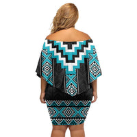 Turquoise Taniko Pattern Aotearoa Family Matching Off Shoulder Short Dress and Hawaiian Shirt Niho Taniwha Mix Poutama LT14 - Polynesian Pride