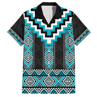 Turquoise Taniko Pattern Aotearoa Family Matching Short Sleeve Bodycon Dress and Hawaiian Shirt Niho Taniwha Mix Poutama LT14 Dad's Shirt - Short Sleeve Turquoise - Polynesian Pride