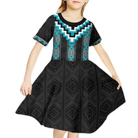 Turquoise Taniko Pattern Aotearoa Kid Short Sleeve Dress Niho Taniwha Mix Poutama LT14 - Polynesian Pride