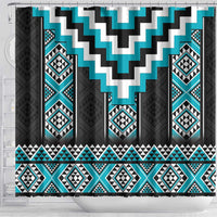 Turquoise Taniko Pattern Aotearoa Shower Curtain Niho Taniwha Mix Poutama