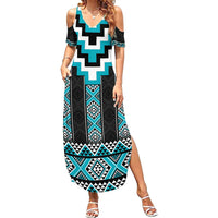 Turquoise Taniko Pattern Aotearoa Summer Maxi Dress Niho Taniwha Mix Poutama LT14