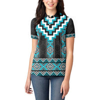 Turquoise Taniko Pattern Aotearoa Women Polo Shirt Niho Taniwha Mix Poutama LT14