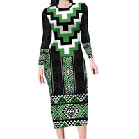 Green Taniko Pattern Aotearoa Family Matching Long Sleeve Bodycon Dress and Hawaiian Shirt Niho Taniwha Mix Poutama LT14 Mom's Dress Green - Polynesian Pride