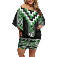 Green Taniko Pattern Aotearoa Family Matching Off Shoulder Short Dress and Hawaiian Shirt Niho Taniwha Mix Poutama LT14 Mom's Dress Green - Polynesian Pride