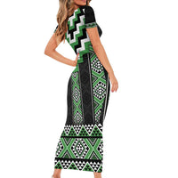Green Taniko Pattern Aotearoa Family Matching Short Sleeve Bodycon Dress and Hawaiian Shirt Niho Taniwha Mix Poutama LT14 - Polynesian Pride