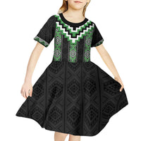 Green Taniko Pattern Aotearoa Kid Short Sleeve Dress Niho Taniwha Mix Poutama LT14 - Polynesian Pride