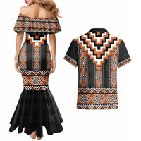 Orange Taniko Pattern Aotearoa Couples Matching Mermaid Dress and Hawaiian Shirt Niho Taniwha Mix Poutama LT14