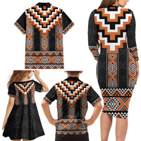 Orange Taniko Pattern Aotearoa Family Matching Long Sleeve Bodycon Dress and Hawaiian Shirt Niho Taniwha Mix Poutama LT14 - Polynesian Pride