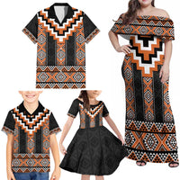 Orange Taniko Pattern Aotearoa Family Matching Off Shoulder Maxi Dress and Hawaiian Shirt Niho Taniwha Mix Poutama LT14 - Polynesian Pride