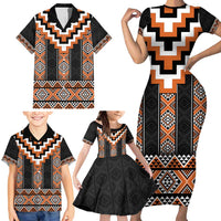 Orange Taniko Pattern Aotearoa Family Matching Short Sleeve Bodycon Dress and Hawaiian Shirt Niho Taniwha Mix Poutama LT14 - Polynesian Pride