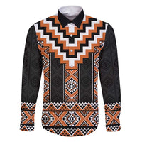 Orange Taniko Pattern Aotearoa Family Matching Short Sleeve Bodycon Dress and Hawaiian Shirt Niho Taniwha Mix Poutama LT14 Dad's Shirt - Long Sleeve Orange - Polynesian Pride