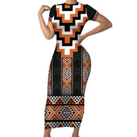 Orange Taniko Pattern Aotearoa Family Matching Short Sleeve Bodycon Dress and Hawaiian Shirt Niho Taniwha Mix Poutama LT14 Mom's Dress Orange - Polynesian Pride