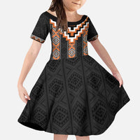Orange Taniko Pattern Aotearoa Family Matching Summer Maxi Dress and Hawaiian Shirt Niho Taniwha Mix Poutama LT14 Daughter's Dress Orange - Polynesian Pride