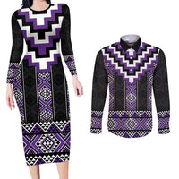 Purple Taniko Pattern Aotearoa Couples Matching Long Sleeve Bodycon Dress and Long Sleeve Button Shirt Niho Taniwha Mix Poutama LT14 Purple - Polynesian Pride