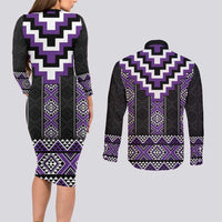 Purple Taniko Pattern Aotearoa Couples Matching Long Sleeve Bodycon Dress and Long Sleeve Button Shirt Niho Taniwha Mix Poutama LT14 - Polynesian Pride