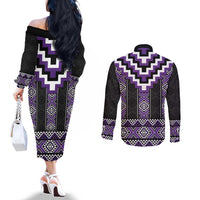 Purple Taniko Pattern Aotearoa Couples Matching Off The Shoulder Long Sleeve Dress and Long Sleeve Button Shirt Niho Taniwha Mix Poutama LT14 - Polynesian Pride