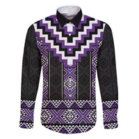 Purple Taniko Pattern Aotearoa Family Matching Summer Maxi Dress and Hawaiian Shirt Niho Taniwha Mix Poutama LT14 Dad's Shirt - Long Sleeve Purple - Polynesian Pride