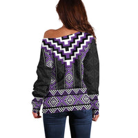 Purple Taniko Pattern Aotearoa Off Shoulder Sweater Niho Taniwha Mix Poutama LT14