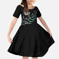 Custom New Zealand Silver Fern Rugby Family Matching Long Sleeve Bodycon Dress and Hawaiian Shirt Aotearoa Kiwi Maori Pattern LT14 Daughter's Dress Black - Polynesian Pride