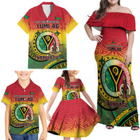 Personalised Vanuatu Family Matching Off Shoulder Maxi Dress and Hawaiian Shirt Yumi 45th Hapi Independens Dei - Reggae Version LT14