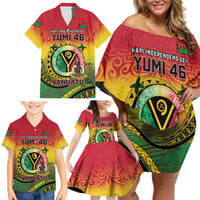 Personalised Vanuatu Family Matching Off Shoulder Short Dress and Hawaiian Shirt Yumi 45th Hapi Independens Dei - Reggae Version LT14