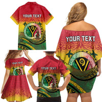 Personalised Vanuatu Family Matching Off Shoulder Short Dress and Hawaiian Shirt Yumi 45th Hapi Independens Dei - Reggae Version LT14