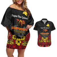 Papua New Guinea Independence Day Couples Matching Off Shoulder Short Dress and Hawaiian Shirt PNG Bird of Paradise 50th Anniversary LT14 Black - Polynesian Pride