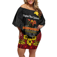 Papua New Guinea Independence Day Family Matching Off Shoulder Short Dress and Hawaiian Shirt PNG Bird of Paradise 50th Anniversary LT14 Mom's Dress Black - Polynesian Pride