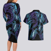 Polynesia Sea Turtle Day Couples Matching Long Sleeve Bodycon Dress and Hawaiian Shirt Tribal Honu Plumeria Polynesian Pattern