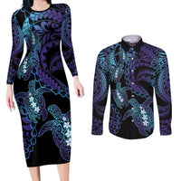 Polynesia Sea Turtle Day Couples Matching Long Sleeve Bodycon Dress and Long Sleeve Button Shirt Tribal Honu Plumeria Polynesian Pattern