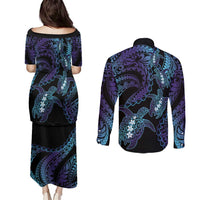 Polynesia Sea Turtle Day Couples Matching Puletasi and Long Sleeve Button Shirt Tribal Honu Plumeria Polynesian Pattern