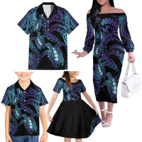 Polynesia Sea Turtle Day Family Matching Off The Shoulder Long Sleeve Dress and Hawaiian Shirt Tribal Honu Plumeria Polynesian Pattern