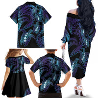 Polynesia Sea Turtle Day Family Matching Off The Shoulder Long Sleeve Dress and Hawaiian Shirt Tribal Honu Plumeria Polynesian Pattern