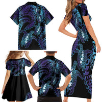 Polynesia Sea Turtle Day Family Matching Short Sleeve Bodycon Dress and Hawaiian Shirt Tribal Honu Plumeria Polynesian Pattern