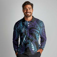 Polynesia Sea Turtle Day Long Sleeve Polo Shirt Tribal Honu Plumeria Polynesian Pattern