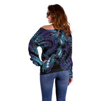 Polynesia Sea Turtle Day Off Shoulder Sweater Tribal Honu Plumeria Polynesian Pattern