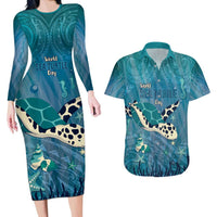 World Sea Turtle Day Polynesia Couples Matching Long Sleeve Bodycon Dress and Hawaiian Shirt Go With The Flow