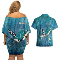 World Sea Turtle Day Polynesia Couples Matching Off Shoulder Short Dress and Hawaiian Shirt Go With The Flow