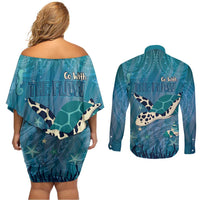 World Sea Turtle Day Polynesia Couples Matching Off Shoulder Short Dress and Long Sleeve Button Shirt Go With The Flow