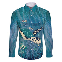 World Sea Turtle Day Polynesia Family Matching Off Shoulder Short Dress and Hawaiian Shirt Go With The Flow LT14 Dad's Shirt - Long Sleeve Cyan - Polynesian Pride